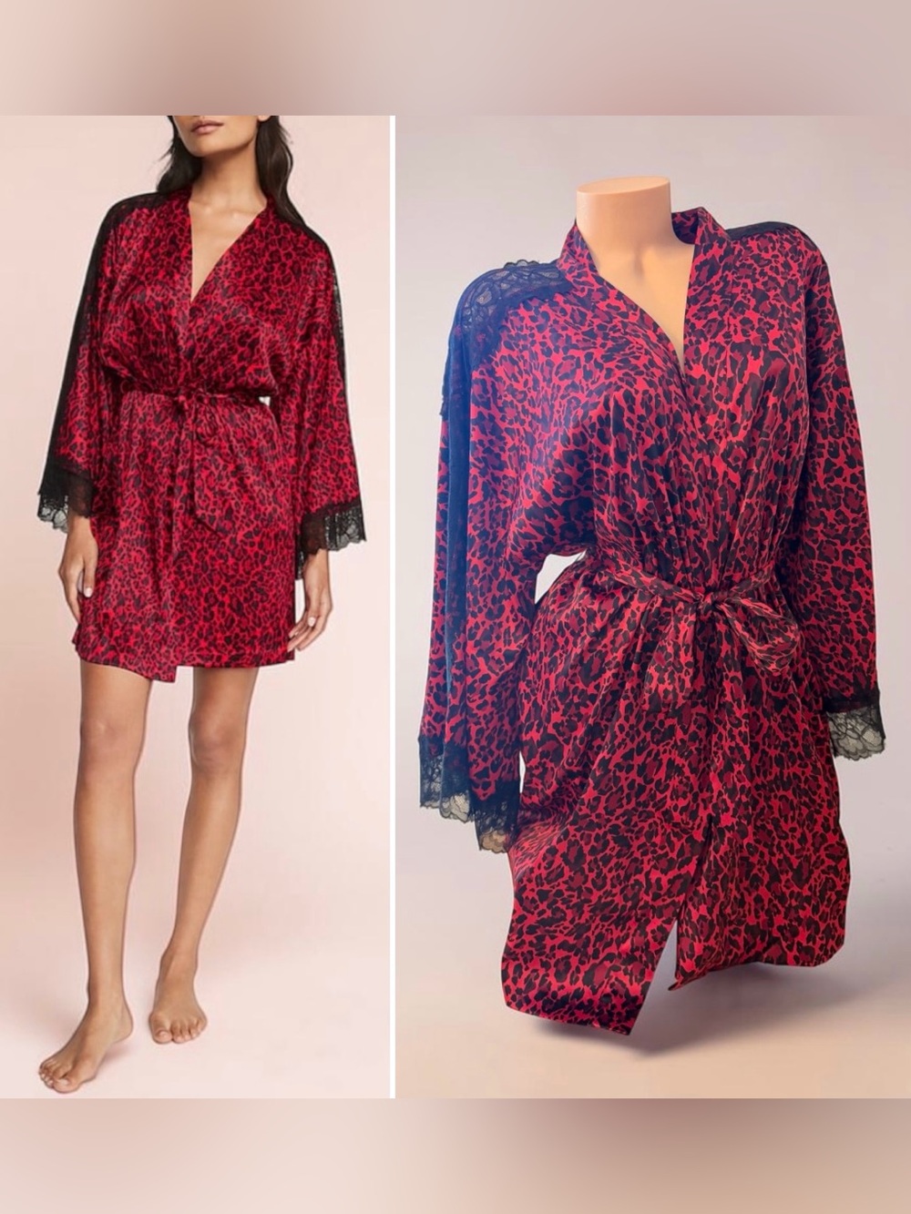 Red Leopard Print Satin Kimono Robe with Black Lace Trim